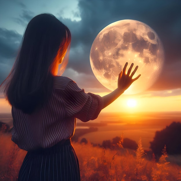 a woman is holding a ball in front of a full moon