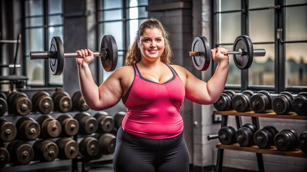 Photo a woman is holding a barbell with a barbell in the background