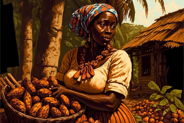 A woman is holding a basket of cocoa beans.