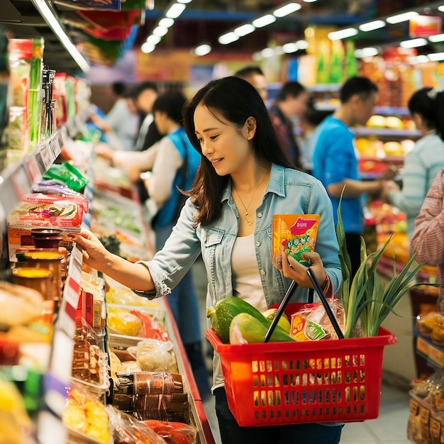 A woman is holding a basket of fruit in a grocery store