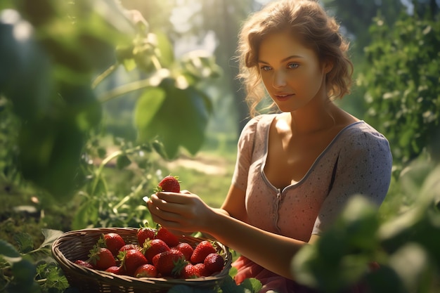 A woman is holding a basket of strawberries in a garden.