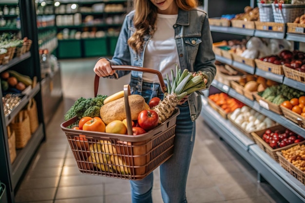 a woman is holding a basket of vegetables in a grocery store