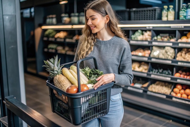 a woman is holding a basket with vegetables in it