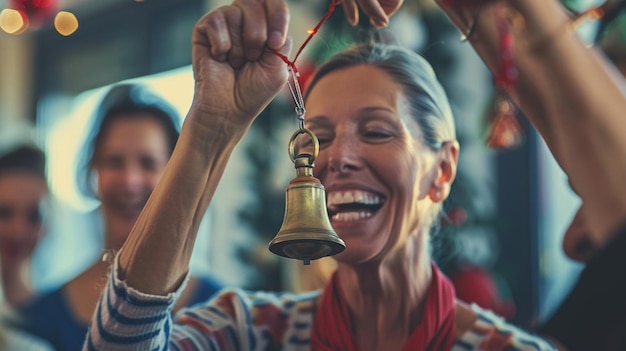 Photo a woman is holding a bell that has a bell on it