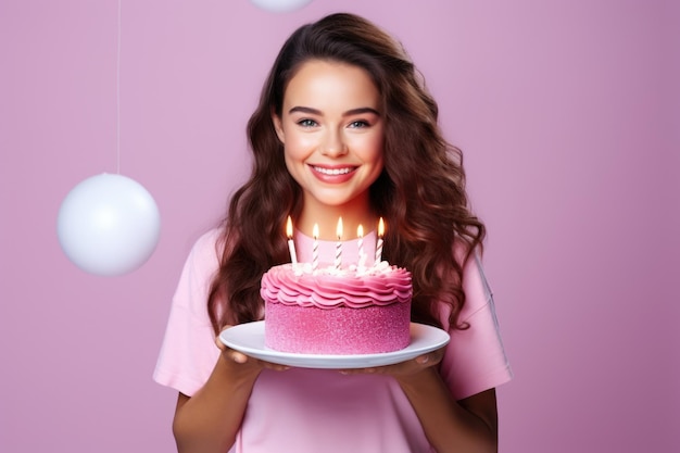 A woman is holding a birthday cake with lit candles Perfect for celebrating birthdays and special occasions