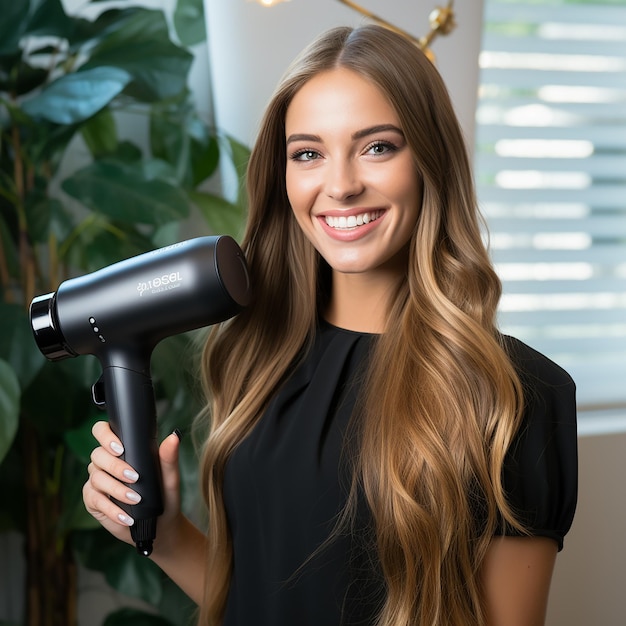 Photo a woman is holding a blow dryer with the word quot on it