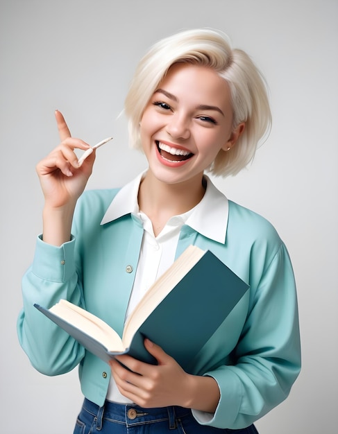 a woman is holding a book and pointing to the right