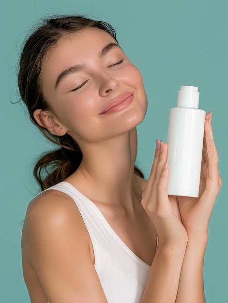 A woman is holding a bottle of lotion and smiling