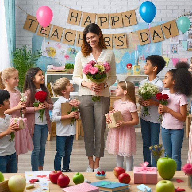 Photo a woman is holding a bouquet of flowers and a banner saying teachers day day