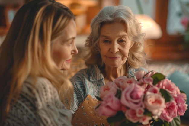 a woman is holding a bouquet of flowers with a woman in the background