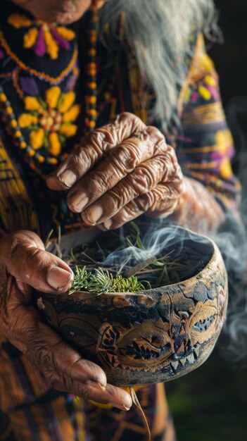 Photo a woman is holding a bowl of herbs and smoke is coming out of it