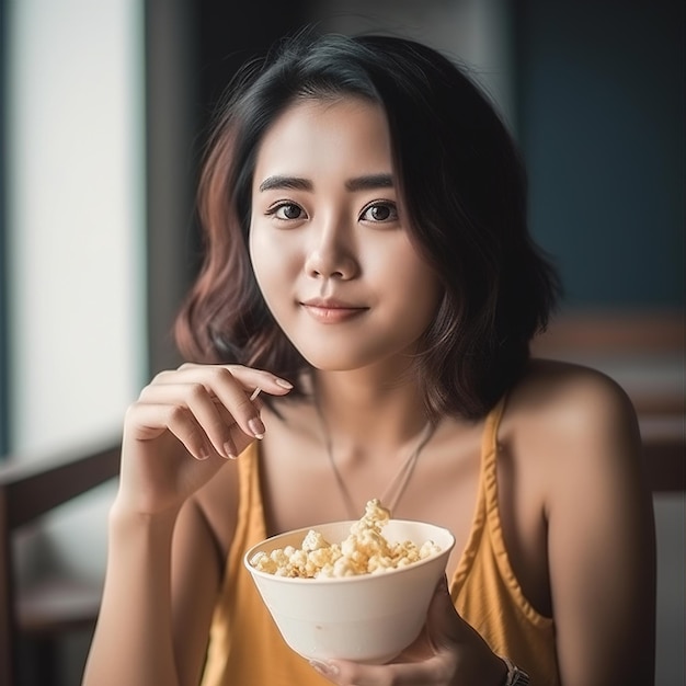 a woman is holding a bowl of popcorn in her hand.