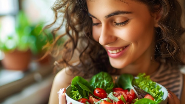 Photo a woman is holding a bowl of salad with a bowl of vegetables