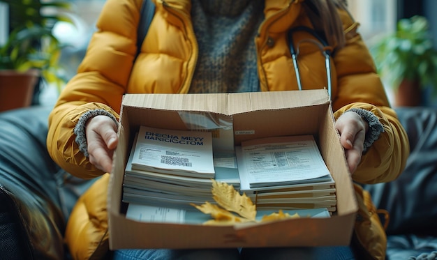 a woman is holding a box of papers with the word  the  the  is  on it