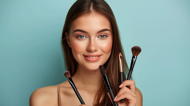 a woman is holding a brush and a makeup brush