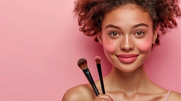 Photo a woman is holding a brush and a pink background