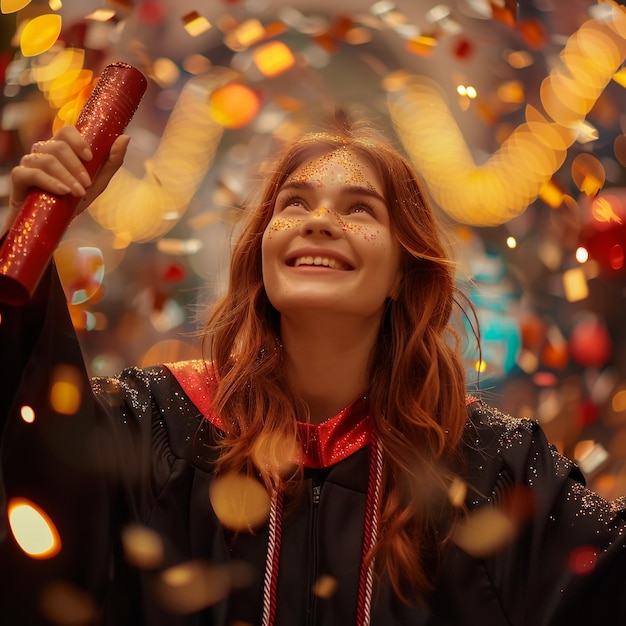 a woman is holding a bunch of confetti in the air