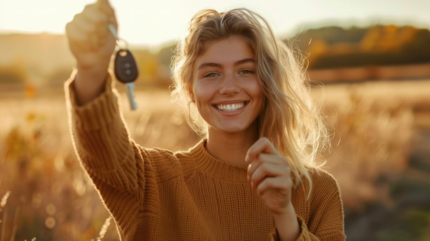 A woman is holding a car key and smiling in outdoor