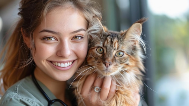 Photo a woman is holding a cat in her arms and smiling warmly showcasing a gesture of happiness