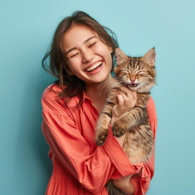 A woman is holding a cat and smiling