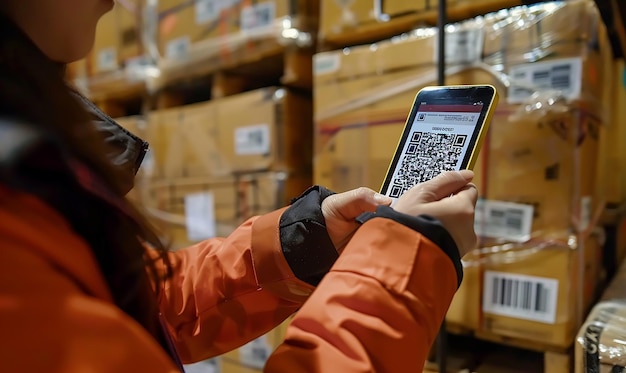 a woman is holding a cell phone in a warehouse