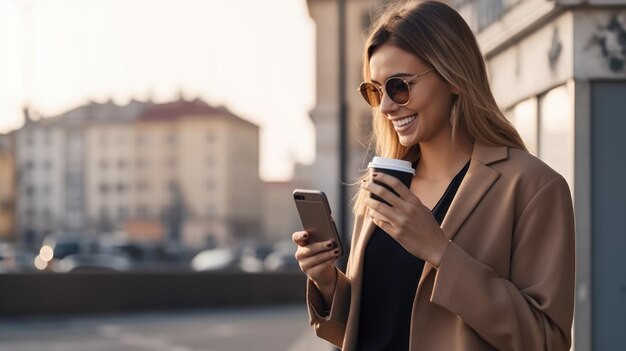 A woman is holding a coffee cup and looking at her phone.