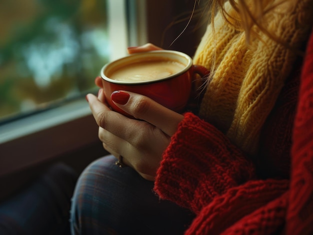 A woman is holding a cup of coffee in her hand while wearing a red sweater