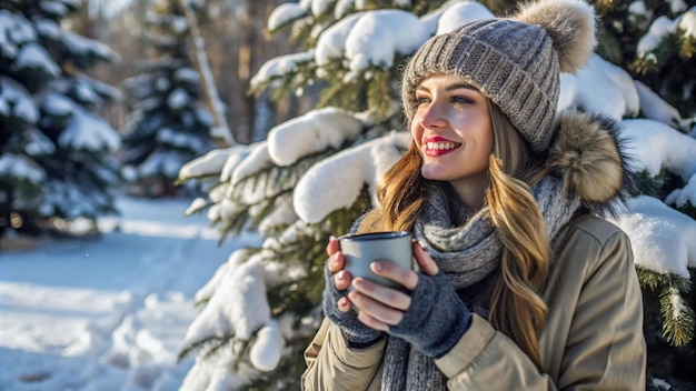 Photo a woman is holding a cup of hot chocolate in her hand and wearing a scarf