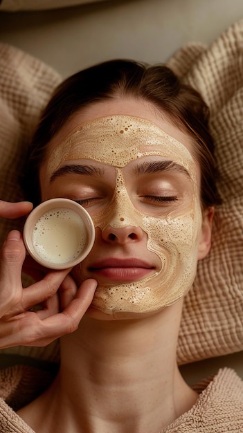 a woman is holding a cup with a cream on her face