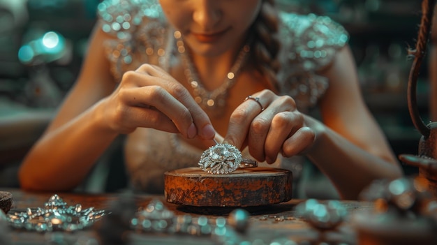 A woman is holding a diamond ring