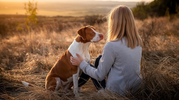 a woman is holding a dog in a field with the sun behind her