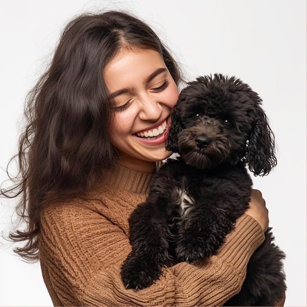 A woman is holding a dog and smiling.