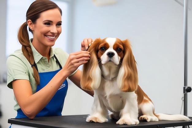 a woman is holding a dog with a toothbrush in her mouth