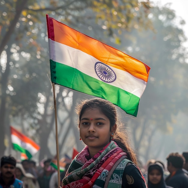 a woman is holding a flag with the state of america on it