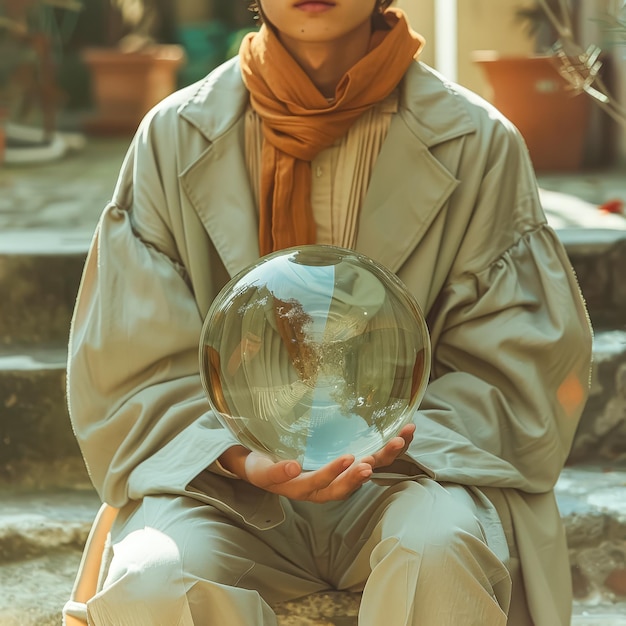 Photo a woman is holding a glass ball in her hands