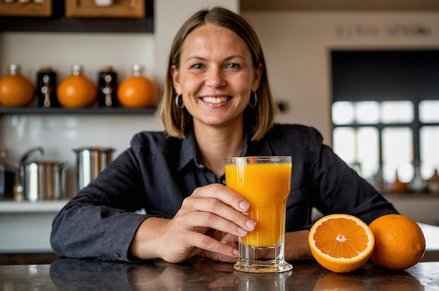 a woman is holding a glass of orange juice and a glass of orange juice