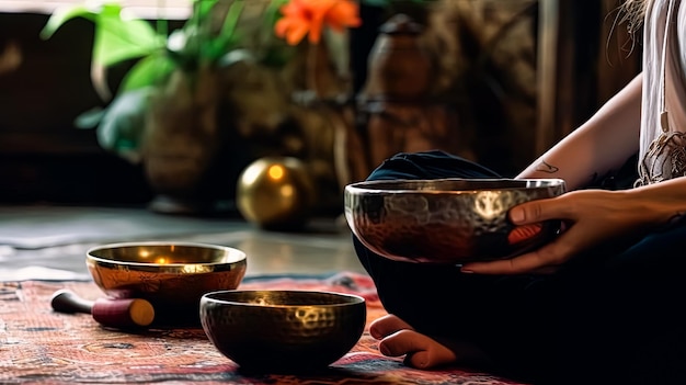 Photo a woman is holding a gold bowl in her hands