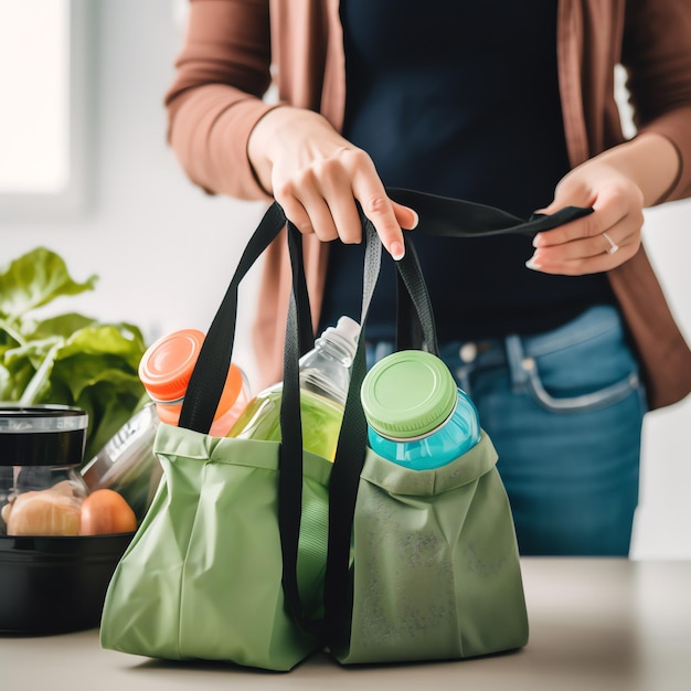 A woman is holding a green tote with a bottle in it