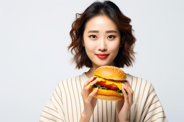 a woman is holding a hamburger with a smile on her face