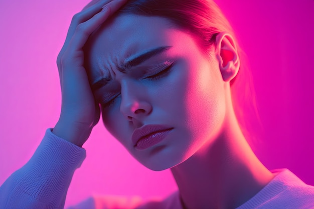 A woman is holding her head in her hands looking down at the ground