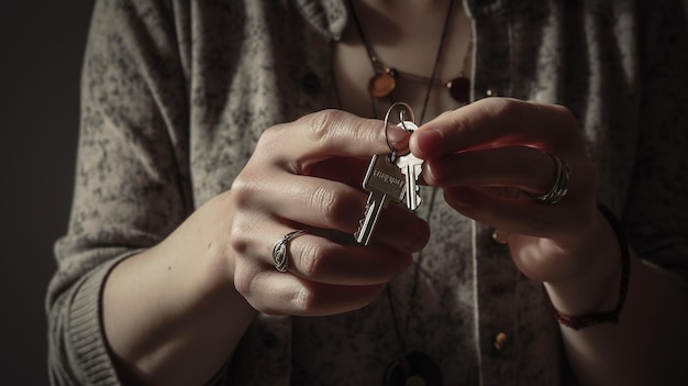 A woman is holding a key in her hands.