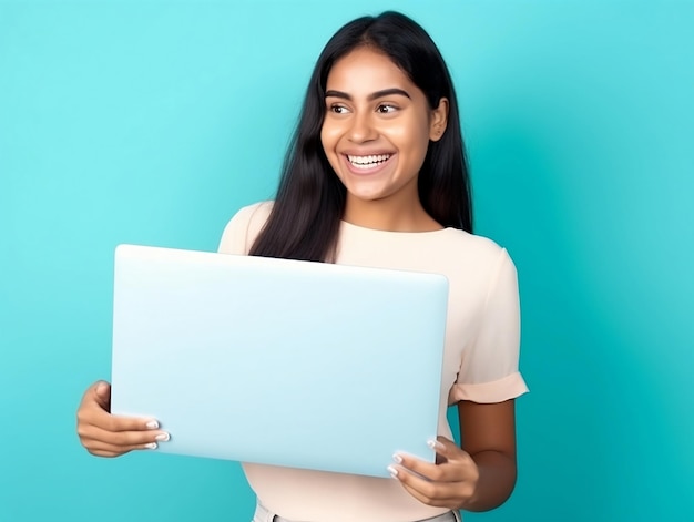 A woman is holding a laptop in front of a blue background.