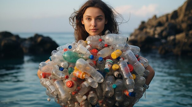 a woman is holding a large bottle of water with many bottles in it