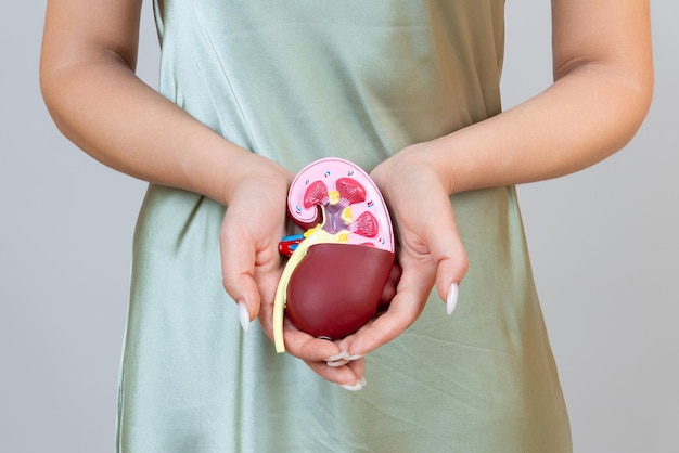 Woman is holding mockup human kidney Help and care concept