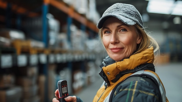 a woman is holding a phone in her hand and a jacket that says  the word  on it