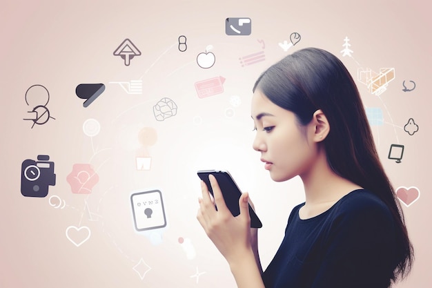 A woman is holding a phone and looking at a social media icon.