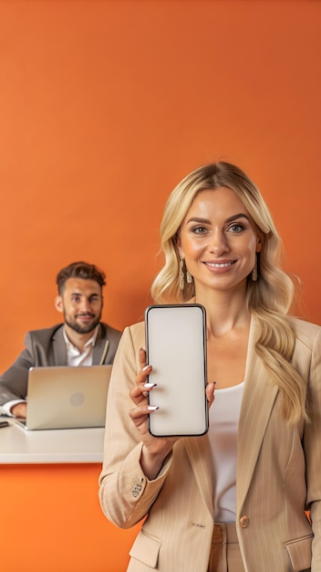 a woman is holding a phone and a man is looking at her laptop