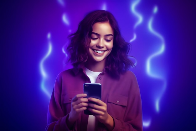 A woman is holding a phone and smiling