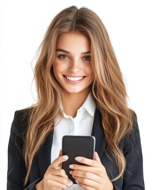 a woman is holding a phone and smiling