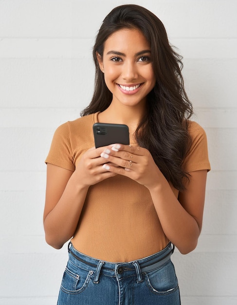 a woman is holding a phone with a smile on her face